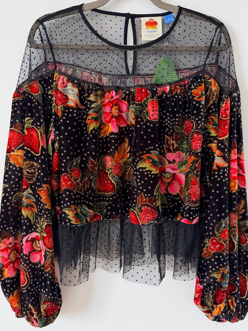 FARM RIO ANTHROPOLIGIE ABlack Floral Velvet Overlay Blouse